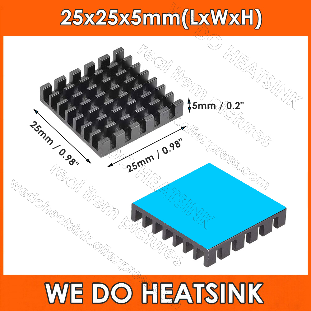 Aluminium Extrusion - 25x25x5mm Black Heatsink With Pre Applied